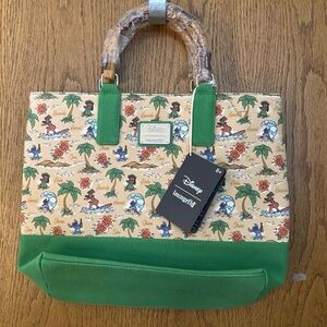 Loungefly Tropical Print Green and Tan Tote Lelow and stich